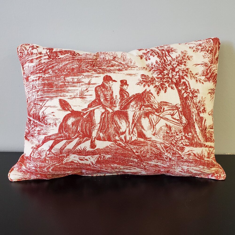 French Country/Manor Linen Toile Hunting Scene Sofa Pillow in Red